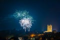Fireworks Display Above The Grounds Of Richmond Castle, North Yorkshire With Houses In The Foreground