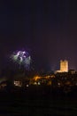 Fireworks display above houses and Richmond Castle Royalty Free Stock Photo