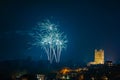 Fireworks display above Richmond Castle, North Yorkshire with houses in the foreground Royalty Free Stock Photo