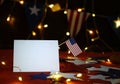 Fireworks display celebrates the independence Day of the United States of America nation on the fourth of July with the us flag , Royalty Free Stock Photo