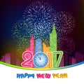 Fireworks display for happy new year 2017 above the city with clock Royalty Free Stock Photo