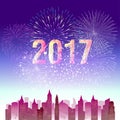 Fireworks display for happy new year 2017 above the city Royalty Free Stock Photo