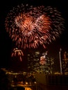 Fireworks display at night against Marina Bay skyscraper Royalty Free Stock Photo