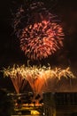 Fireworks display at night against Marina Bay skyscraper Royalty Free Stock Photo