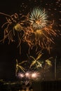 Fireworks display at night against Marina Bay skyscraper Royalty Free Stock Photo