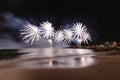 Fireworks display, night show on seafront, pyrotechnic festival. Antibes Juan les Pins Royalty Free Stock Photo