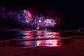 Fireworks display, night show on seafront, pyrotechnic festival. Antibes Juan les Pins Royalty Free Stock Photo