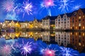 Fireworks display over the Alesund town in Norway Royalty Free Stock Photo