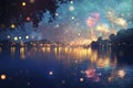 Fireworks Display Over a Calm Lake at Night Royalty Free Stock Photo