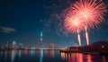 Fireworks display over a city skyline at night with water reflection Royalty Free Stock Photo