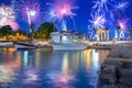 Fireworks display over the harbour with boats in Side, Turkey Royalty Free Stock Photo