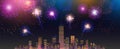 Fireworks Display over the Night City, vector illustrated background Royalty Free Stock Photo