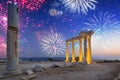 Fireworks display over the temple of Apollo in Side, Turkey Royalty Free Stock Photo