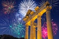 Fireworks display over the temple of Apollo in Side, Turkey Royalty Free Stock Photo