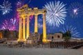 Fireworks display over the temple of Apollo in Side, Turkey Royalty Free Stock Photo