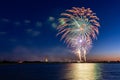 Fireworks display celebrating essential workers over Jones Beach State Park. Royalty Free Stock Photo