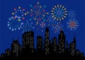 Fireworks displaying in dark evening sky and celebrating holiday against city buildings. Festival celebration