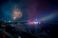 Fireworks in a distance at night in Niagara Falls city by water in Canada Royalty Free Stock Photo