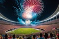 Fireworks Erupting in the Night Sky Above a Stadium Filled with Excited Spectators: Bursts of Color Illuminate the Celebration Royalty Free Stock Photo