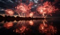 Fireworks exploding in the night sky, illuminating the cityscape with vibrant colors generated by AI Royalty Free Stock Photo