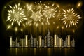 Fireworks exploding in night sky over downtown city with reflection in water of golden shdades Royalty Free Stock Photo