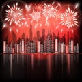 Fireworks exploding in night sky over downtown city with reflection in water of red shades Royalty Free Stock Photo