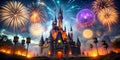 Fireworks exploding over a Halloween-themed haunted castle Royalty Free Stock Photo