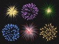 Fireworks explosion. Birthday party big bang festive sparkling vector realistic fireworks collection Royalty Free Stock Photo