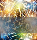Fireworks explosions background on greeting card to the Happy New Year blank