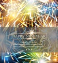 Fireworks explosions background on greeting card to the Happy New Year