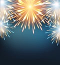 Fireworks explosions blue orange on a greeting card to the Happy New Year blank Royalty Free Stock Photo