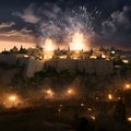 Fireworks explosions over the walls of Jerusalem. Hanukkah as a traditional Jewish holiday Royalty Free Stock Photo