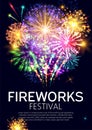 Fireworks festival bursting in various shapes and colors, sparkling lights against black background poster vector Royalty Free Stock Photo