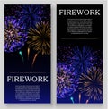 Fireworks festival bursting in various shapes and colors, sparkling lights against black background set of banners or Royalty Free Stock Photo