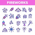 Fireworks, Firecrackers Thin Line Icons Vector Set