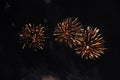 Fireworks. Firework. Heavenly background. An amazing trio of bright yellow twinkling lights in the night sky during the New Year