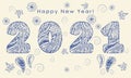 Fireworks of floral elements in doodling style and patterned numbers 2021. Happy new year 2021 theme Royalty Free Stock Photo