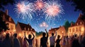 Fireworks of the French National Day of July 14 in a small country village