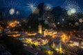 Fireworks in Gemona with Cathedral of Santa Maria In Gemona, Italy Royalty Free Stock Photo