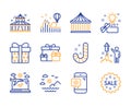 Fireworks, Gift box and Carousels icons set. Creative idea, Sea mountains and Airplane travel signs. Vector