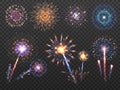 Fireworks. Holiday firework explosion in night, firecracker sparks. Happy new year vector decoration set isolated Royalty Free Stock Photo