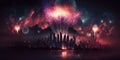 Fireworks at Holiday Night above Sity Landscape. AI generated Illustration