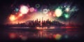 Fireworks at Holiday Night above Sity Landscape. AI generated Illustration