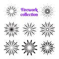 Fireworks icons collection. Graphic different black symbol for festival or carnival explosion, firecracker. Vector burst Royalty Free Stock Photo