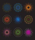 Fireworks icons set. Fireworks vector on black background. Holiday and party firework icons collection. Vector illustration Royalty Free Stock Photo