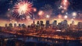 fireworks illuminating the night sky above a city skyline adorned with Canadian flags and patriotic decorations, AI Generated