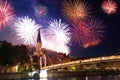 Fireworks light up Lyon sky over the Saone river Royalty Free Stock Photo