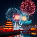 A fireworks lighting up the sky, to mark the beginning of Chinese New Year, with traditional elements