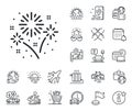 Fireworks line icon. Pyrotechnic salute sign. Plane jet, travel map and baggage claim. Vector