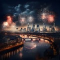 Fireworks night show over the night city skyline. New Year\'s fun and festiv